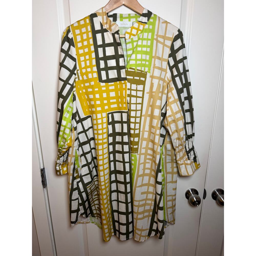 NOEN Boho Geometric Grid Print Tunic Dress with Smocked Cuffs Size 8 - Picture 2 of 8